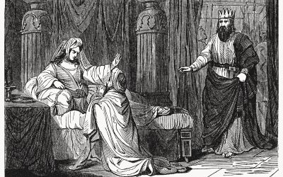 Woodcut image of Haman begging Esther for his life, to illustrate the article 